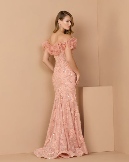 Mac Duggal Pink Off The Shoulder Embellished Mermaid Gown