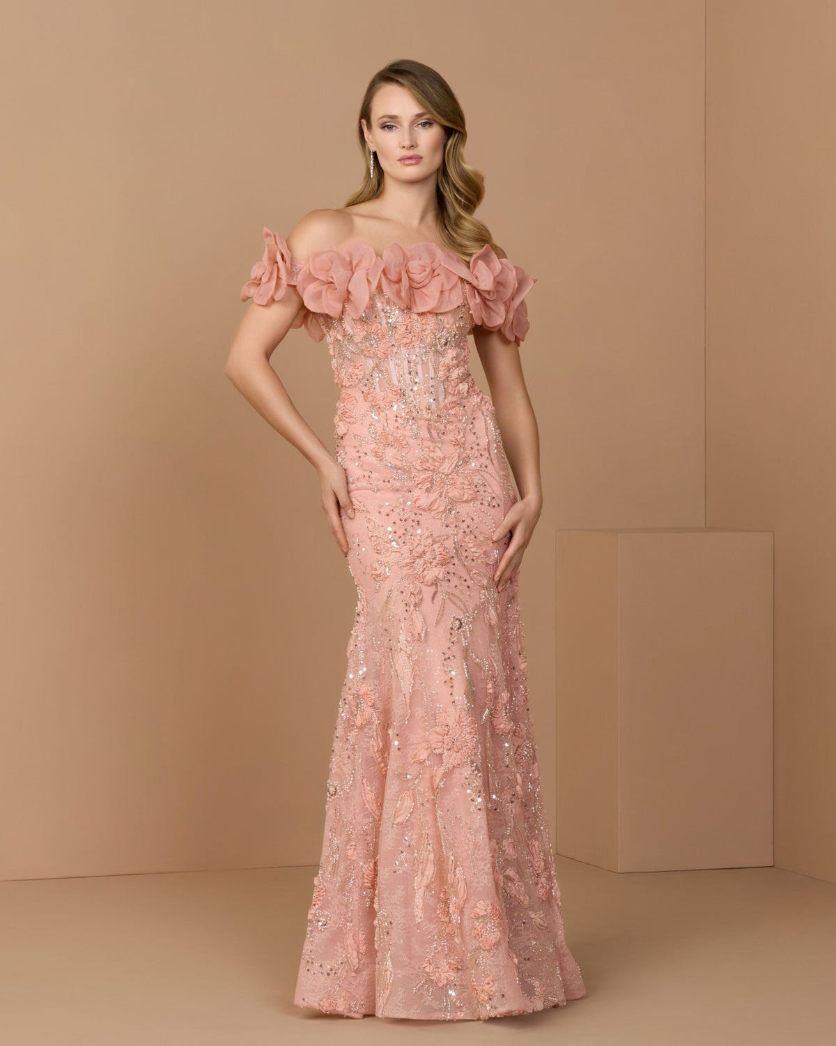 Mac Duggal Pink Off The Shoulder Embellished Mermaid Gown