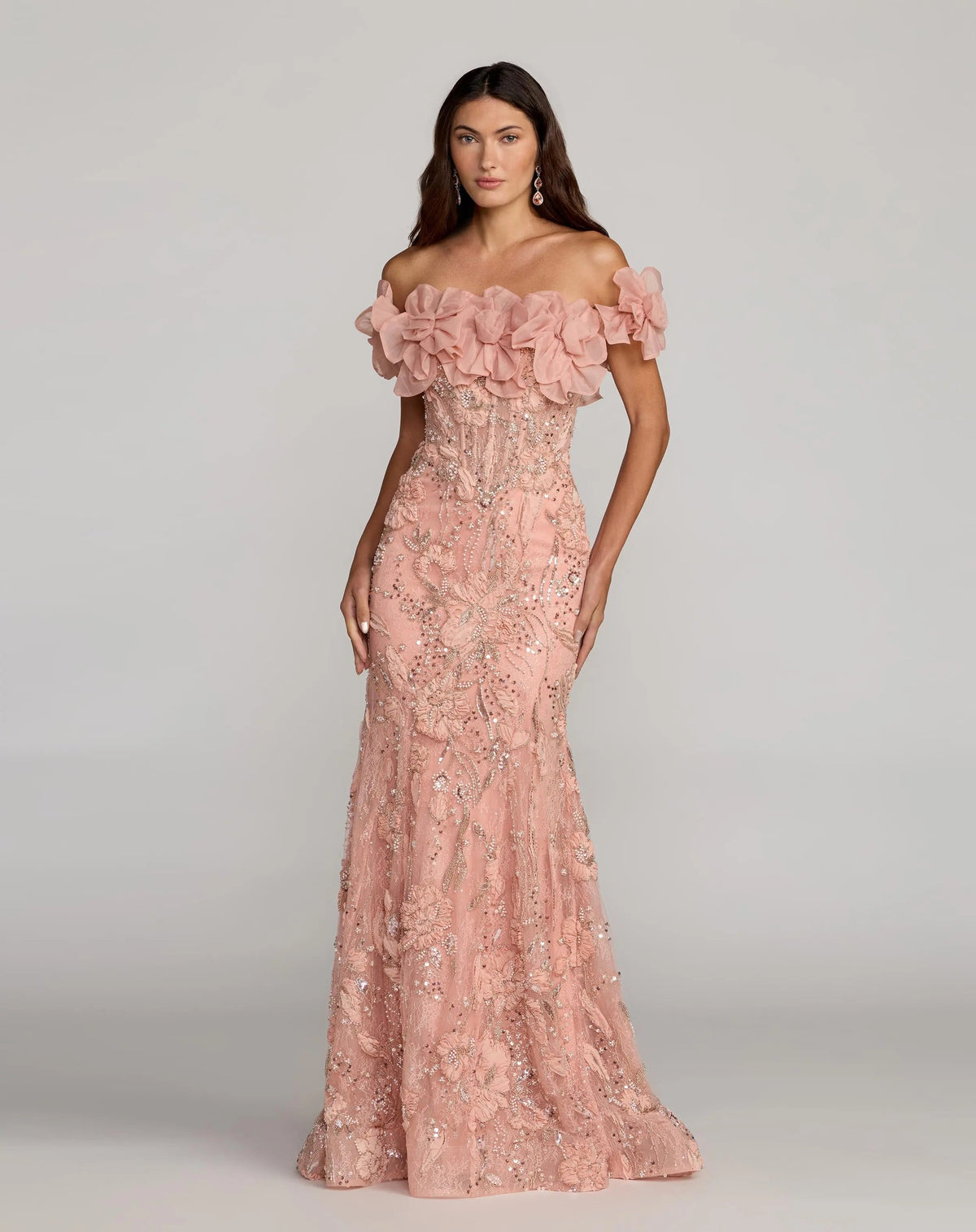 Mac Duggal Pink Off The Shoulder Embellished Mermaid Gown