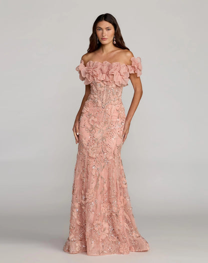 Mac Duggal Pink Off The Shoulder Embellished Mermaid Gown