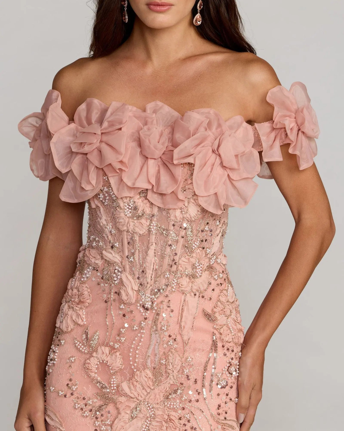 Mac Duggal Pink Off The Shoulder Embellished Mermaid Gown