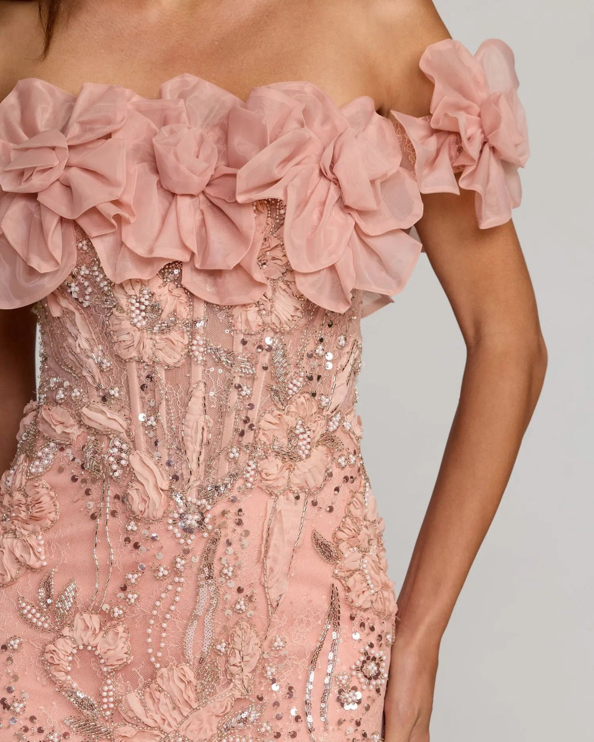 Mac Duggal Pink Off The Shoulder Embellished Mermaid Gown