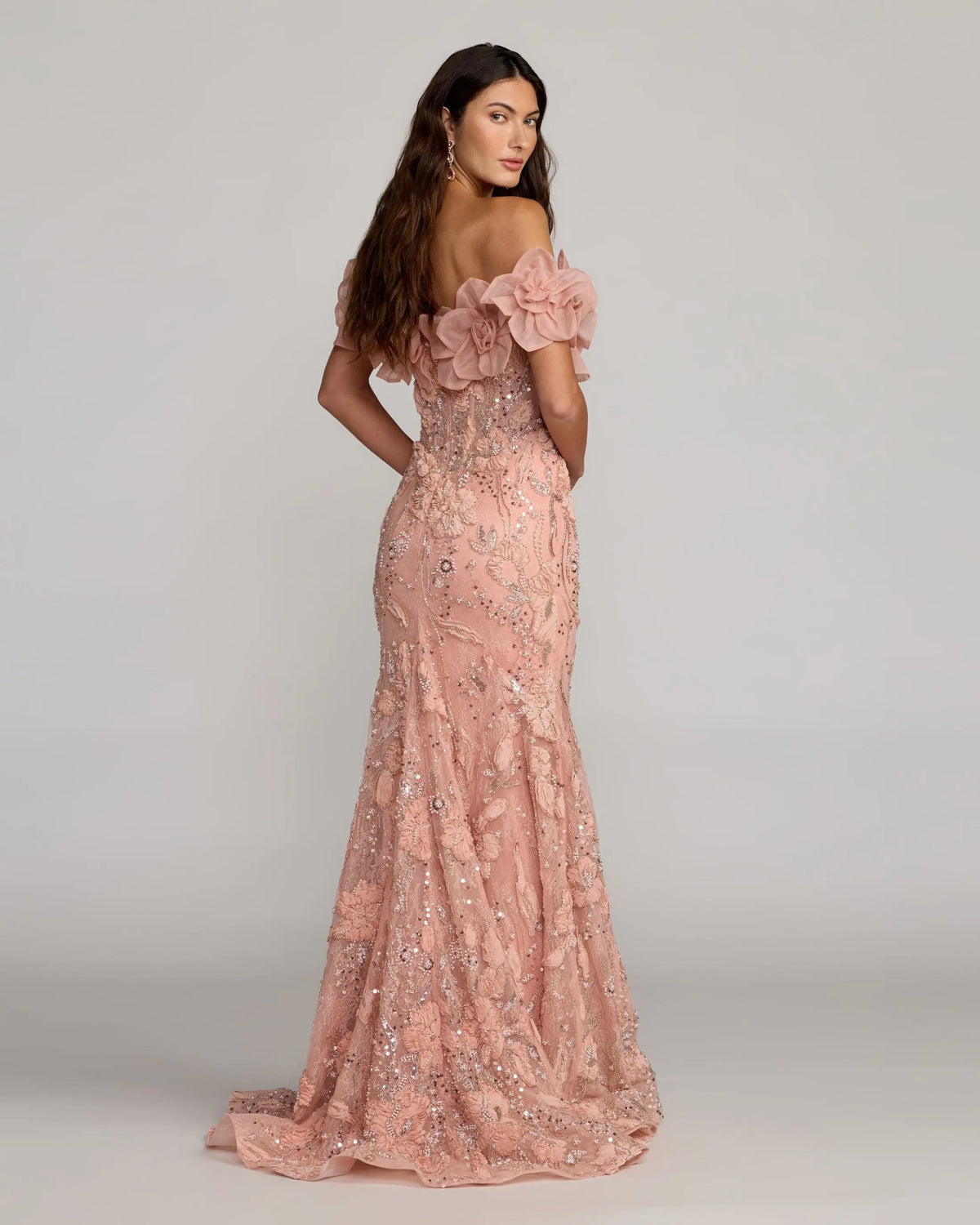 Mac Duggal Pink Off The Shoulder Embellished Mermaid Gown