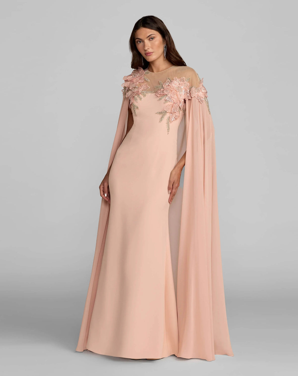 Mac Duggal Pink Embellished Crepe Gown With Chiffon Cape
