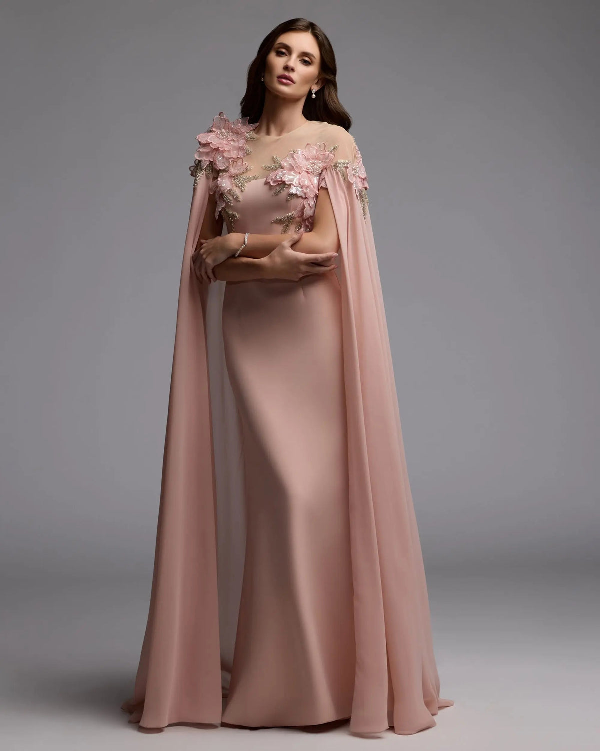 Mac Duggal Pink Embellished Crepe Gown With Chiffon Cape