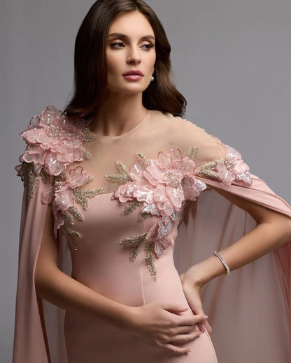 Mac Duggal Pink Embellished Crepe Gown With Chiffon Cape