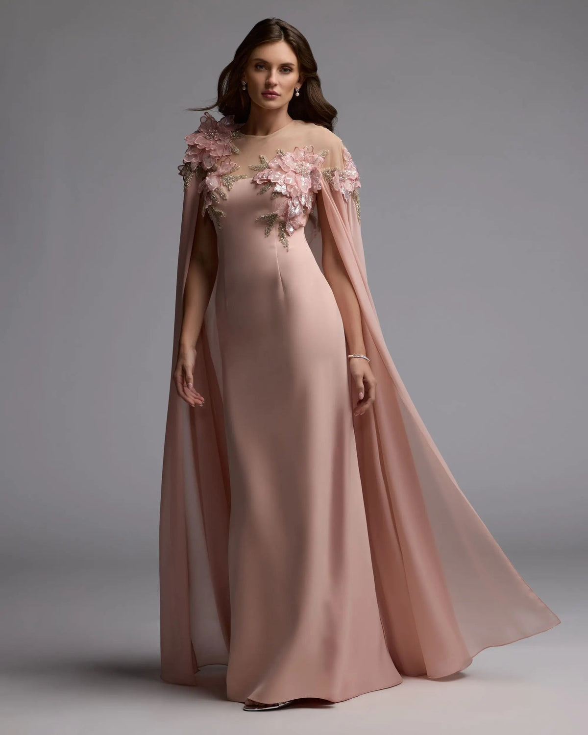 Mac Duggal Pink Embellished Crepe Gown With Chiffon Cape