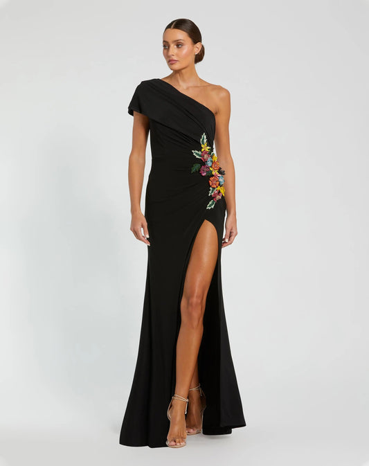 Mac Duggal Black One Shoulder Beaded Jersey Gown