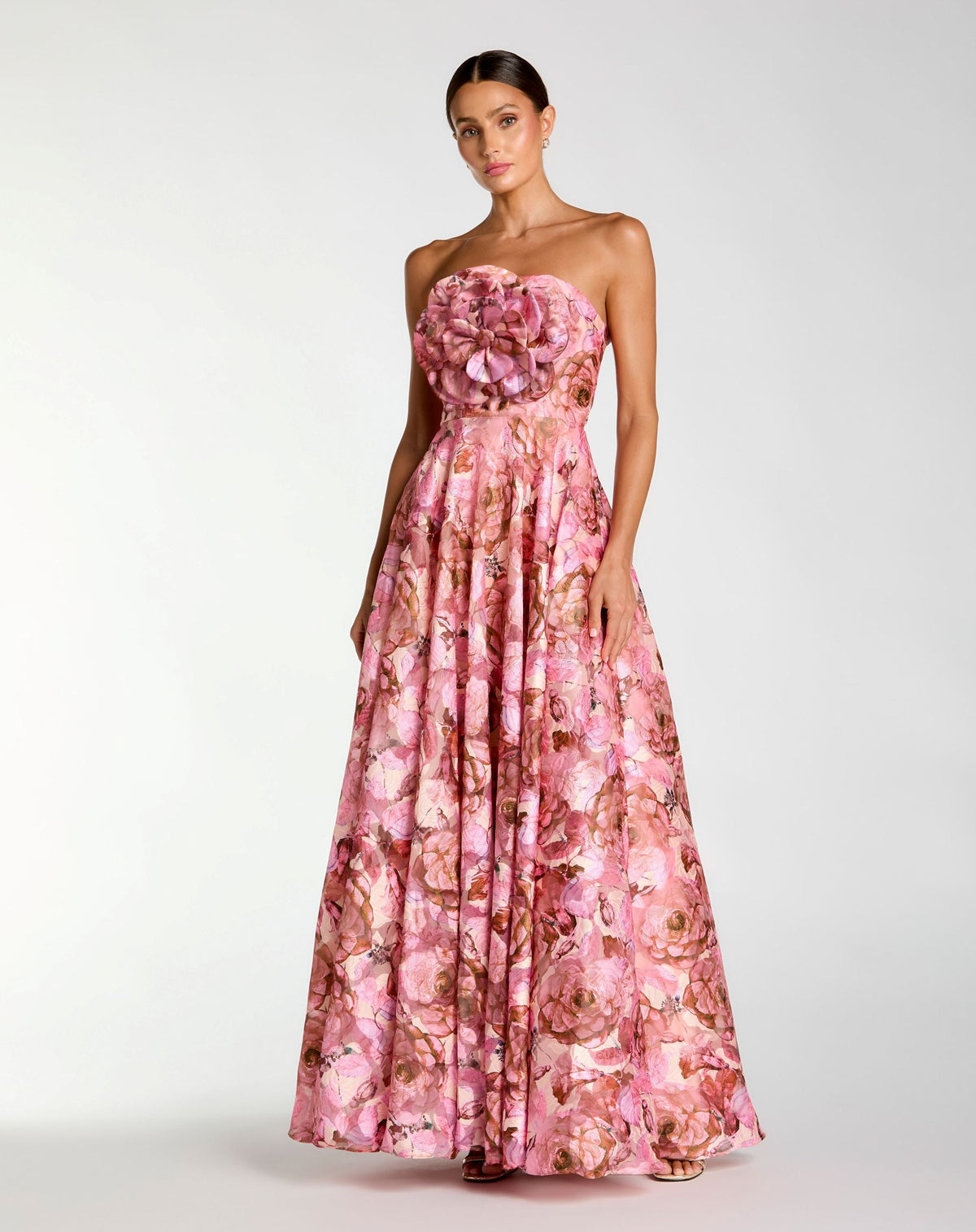 Mac Duggal Pink Strapless Floral Printed A-Line Gown With 3D Flower