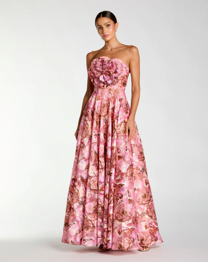 Mac Duggal Pink Strapless Floral Printed A-Line Gown With 3D Flower