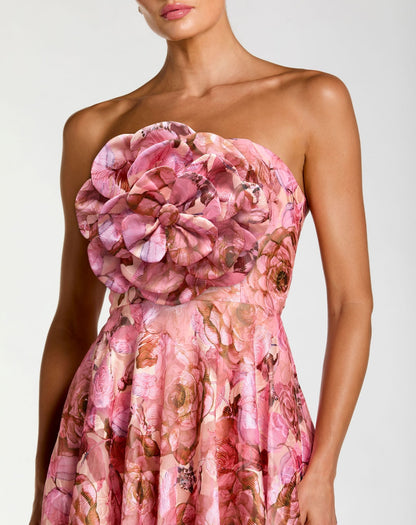 Mac Duggal Pink Strapless Floral Printed A-Line Gown With 3D Flower