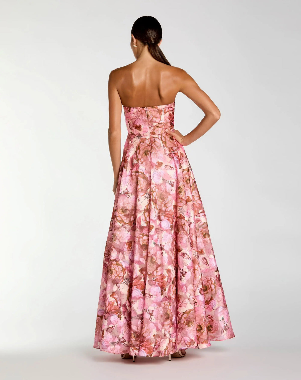 Mac Duggal Pink Strapless Floral Printed A-Line Gown With 3D Flower