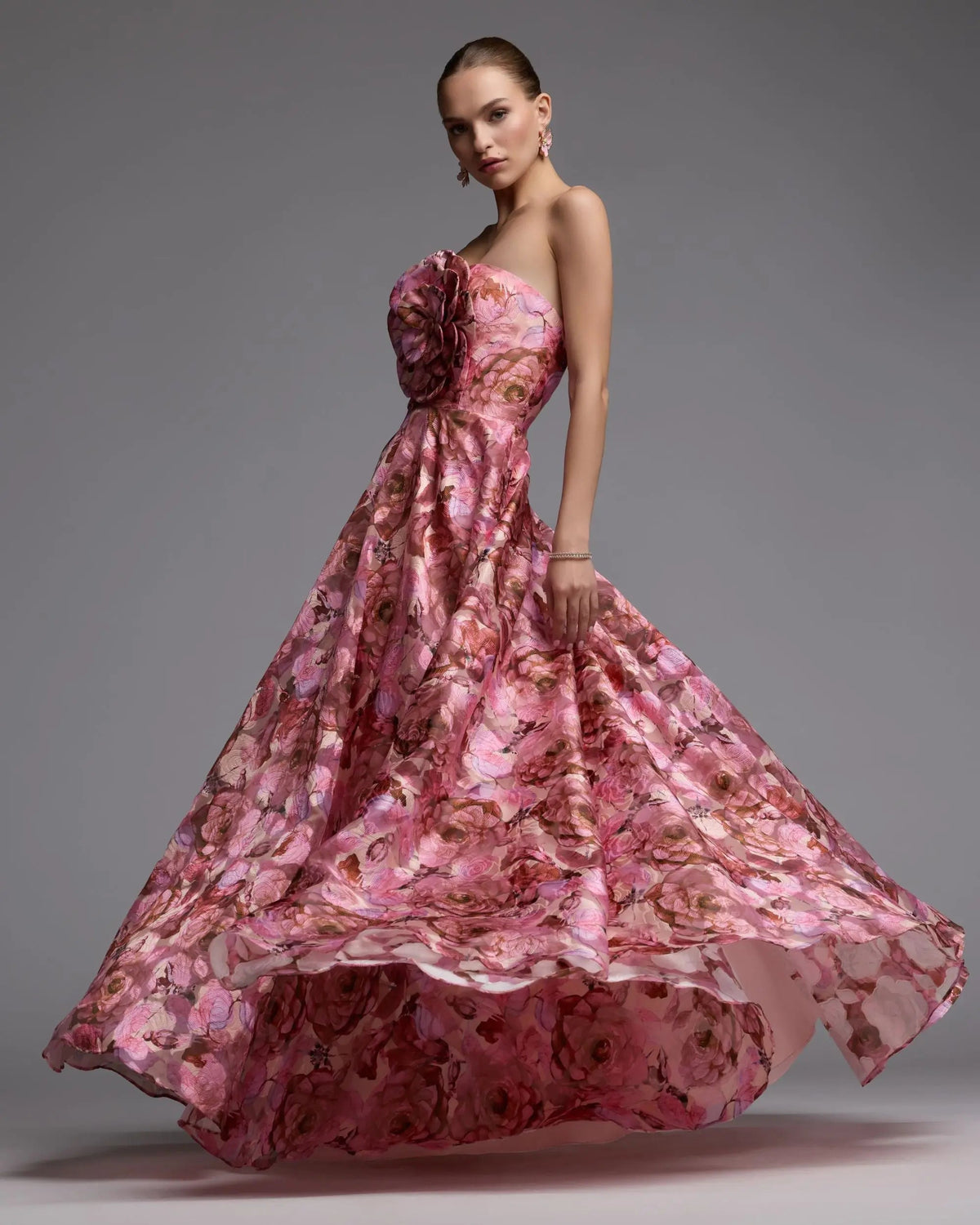 Mac Duggal Pink Strapless Floral Printed A-Line Gown With 3D Flower