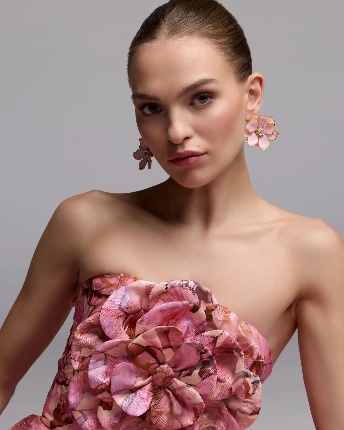 Mac Duggal Pink Strapless Floral Printed A-Line Gown With 3D Flower