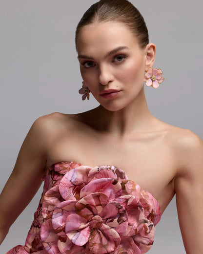 Mac Duggal Pink Strapless Floral Printed A-Line Gown With 3D Flower