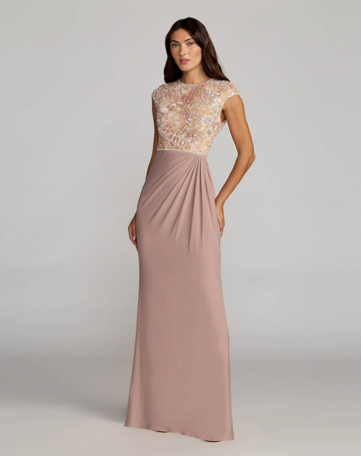 Mac Duggal Purple Floral Embroidered Cap Sleeve Column Gown