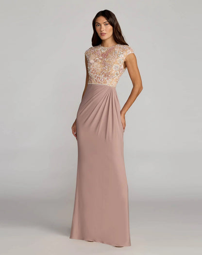 Mac Duggal Purple Floral Embroidered Cap Sleeve Column Gown