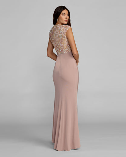 Mac Duggal Purple Floral Embroidered Cap Sleeve Column Gown