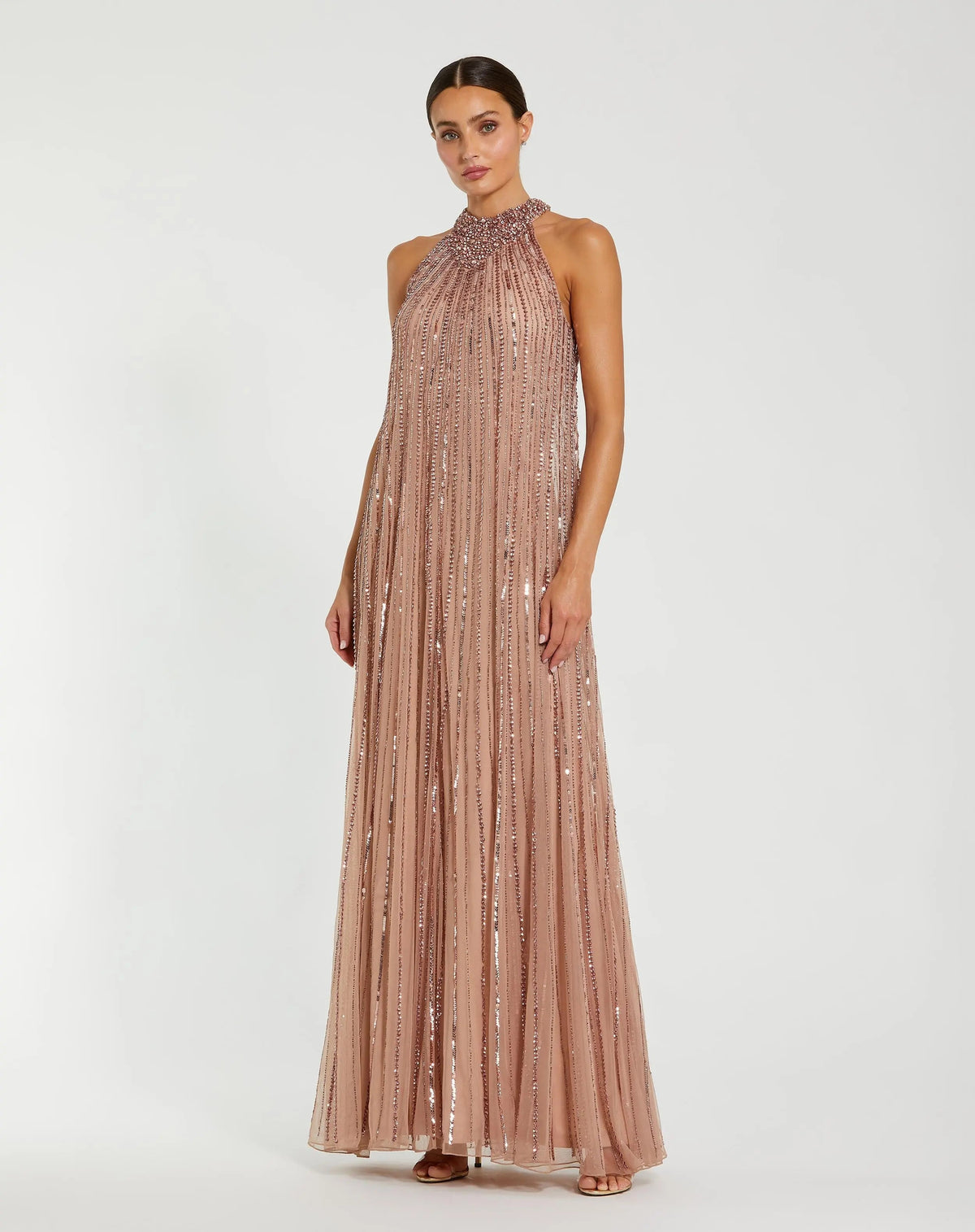 Mac Duggal Pink Sleeveless Halter Neck Embellished Trapeze Gown