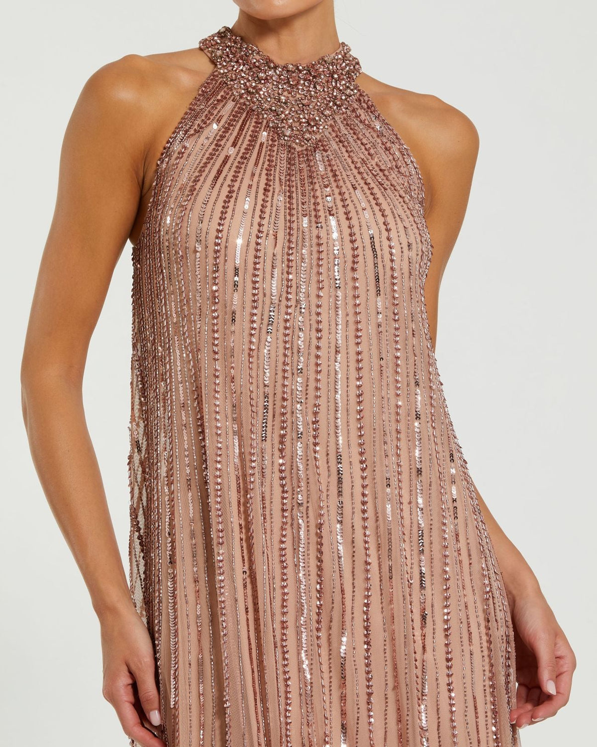 Mac Duggal Pink Sleeveless Halter Neck Embellished Trapeze Gown