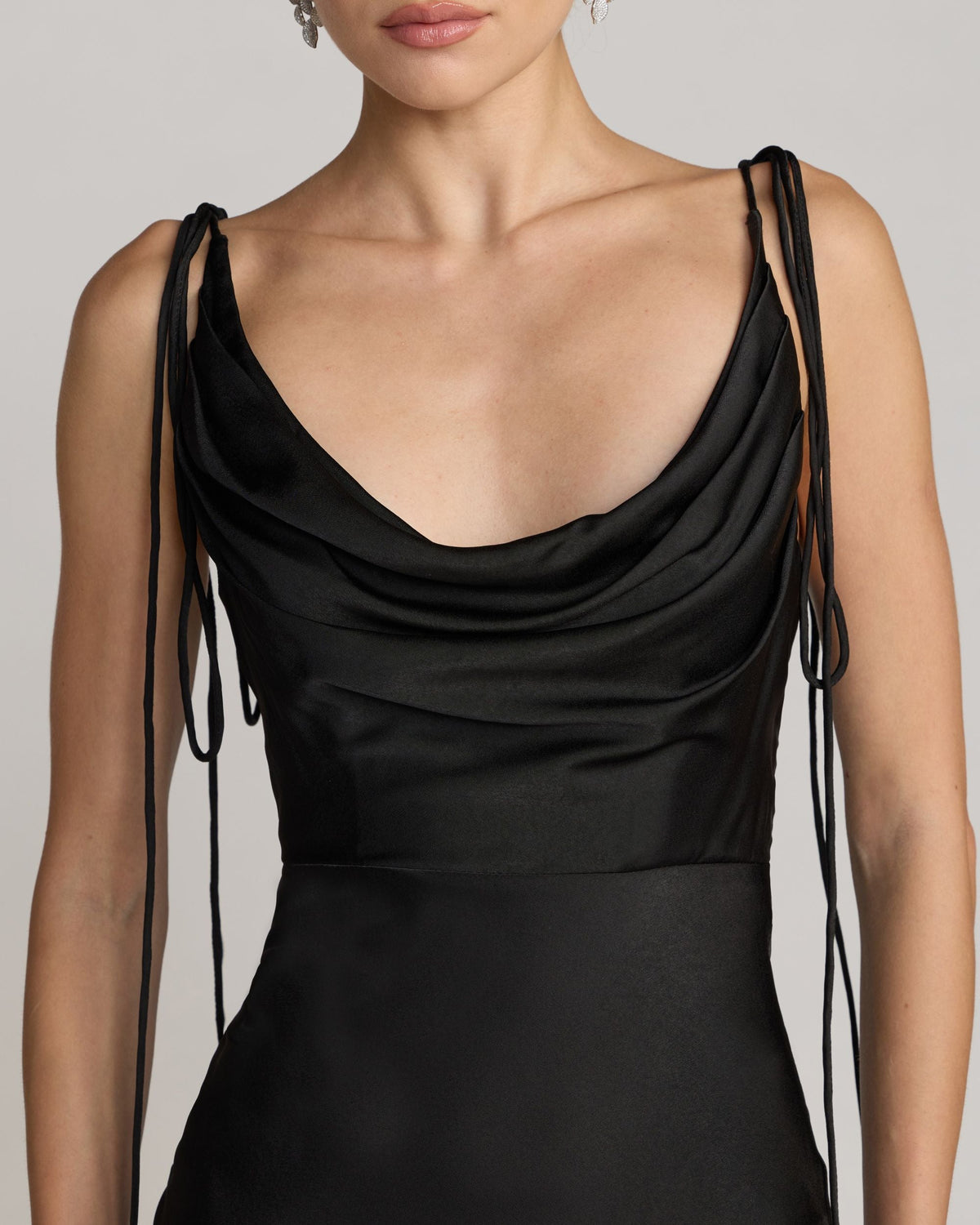 Mac Duggal Black Charmeuse Cowl Gown With Thin Bow Straps