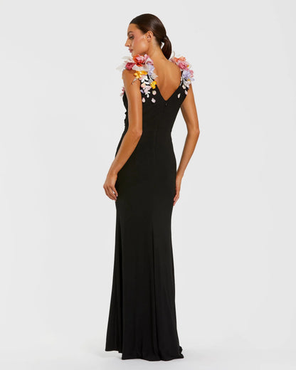 Mac Duggal Black Jersey V-Neck Gown With 3D Flowers