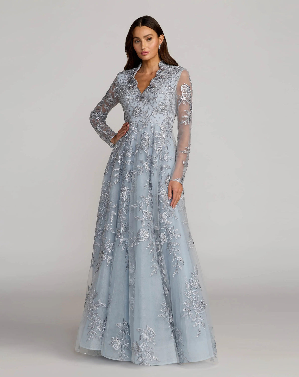 Mac Duggal Blue Embroidered V-Neck Long Sleeve Gown