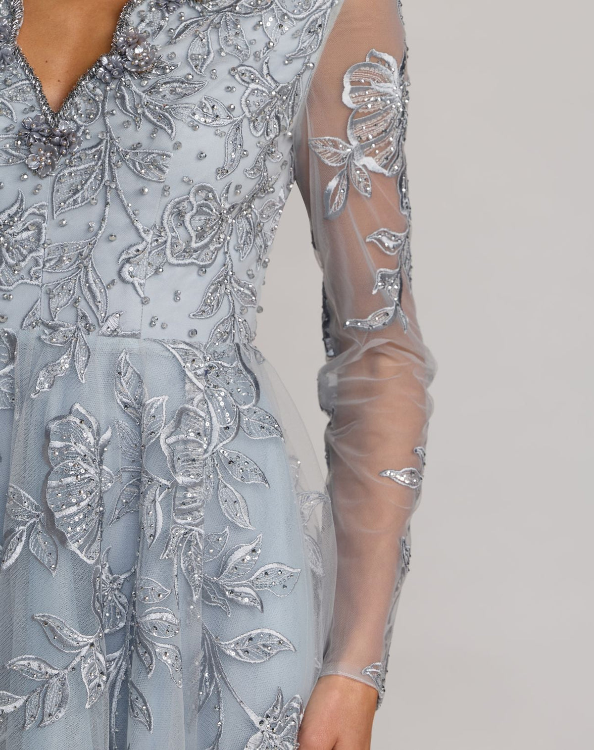 Mac Duggal Blue Embroidered V-Neck Long Sleeve Gown