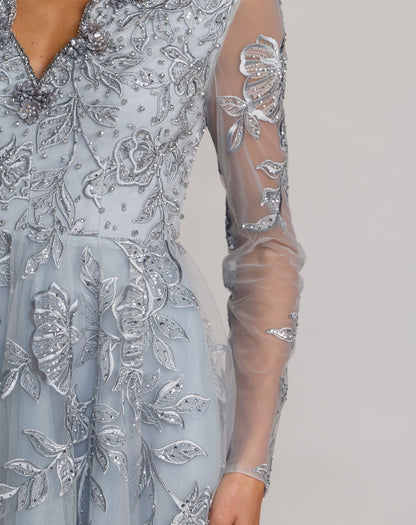 Mac Duggal Blue Embroidered V-Neck Long Sleeve Gown