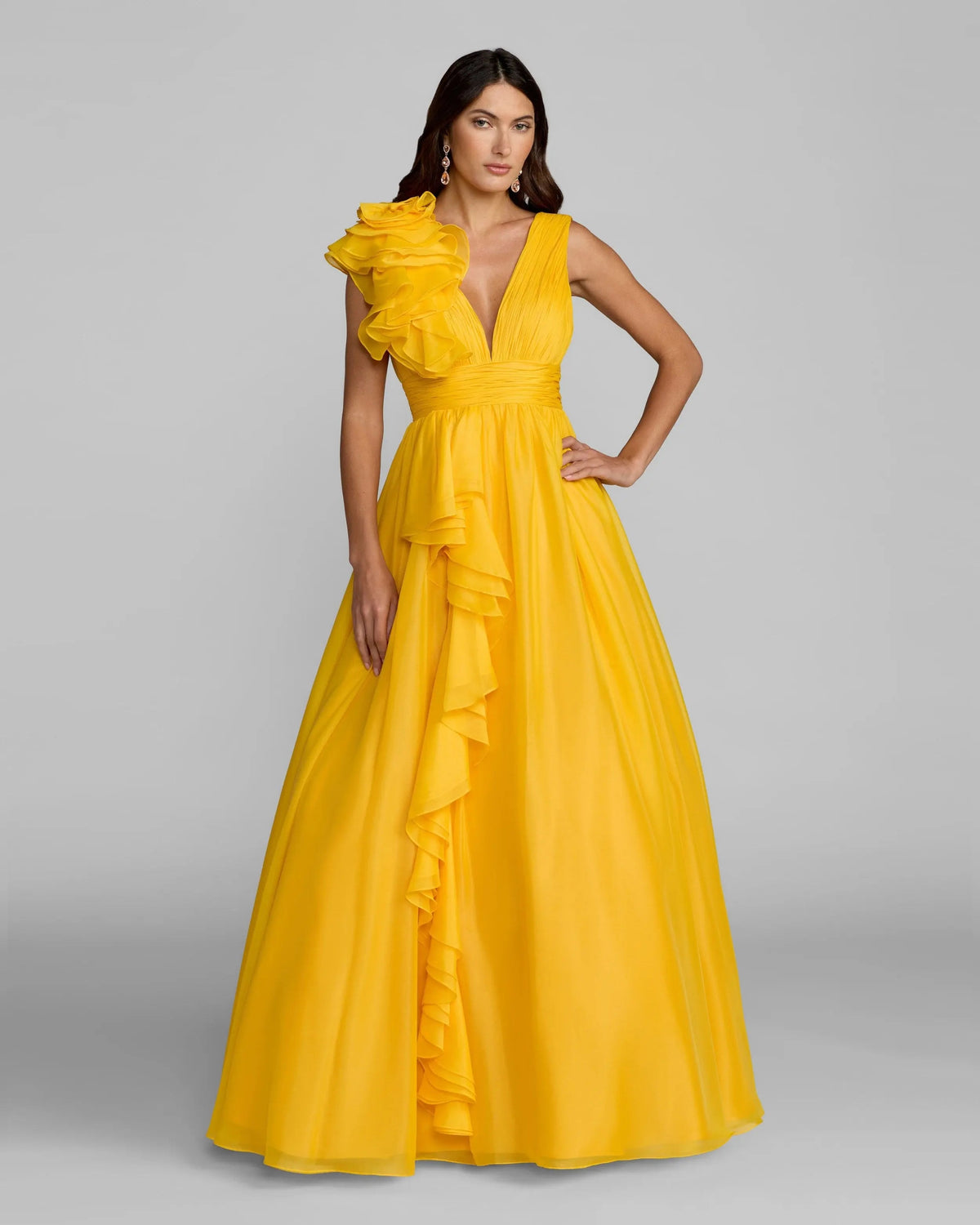 Mac Duggal Yellow Ruffle Shoulder V-Neck Chiffon Gown