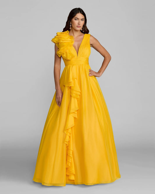 Mac Duggal Yellow Ruffle Shoulder V-Neck Chiffon Gown