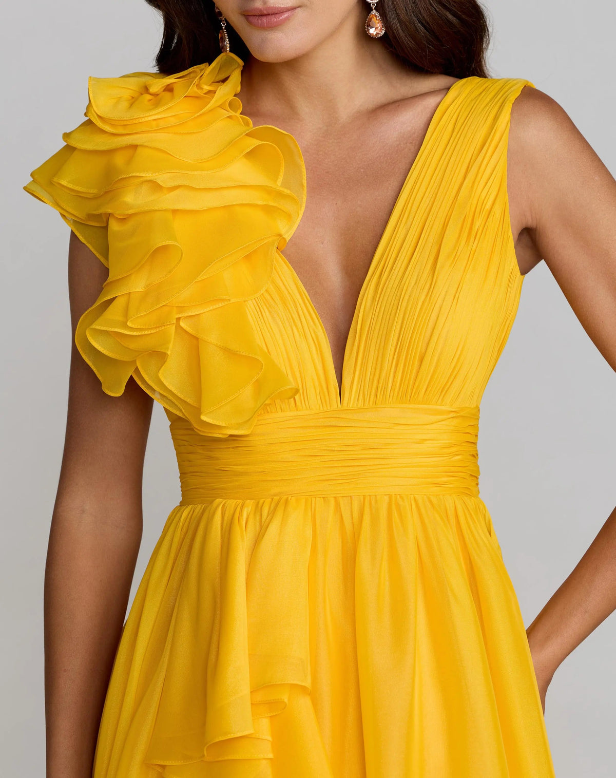 Mac Duggal Yellow Ruffle Shoulder V-Neck Chiffon Gown