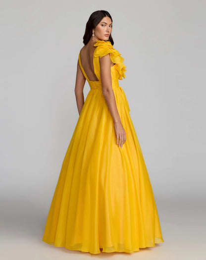 Mac Duggal Yellow Ruffle Shoulder V-Neck Chiffon Gown