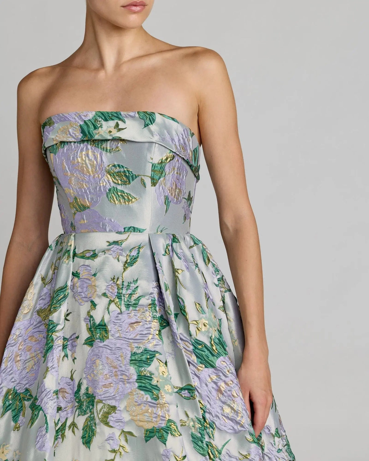 Mac Duggal Blue Multicolor Strapless Floral Brocade Ball Gown