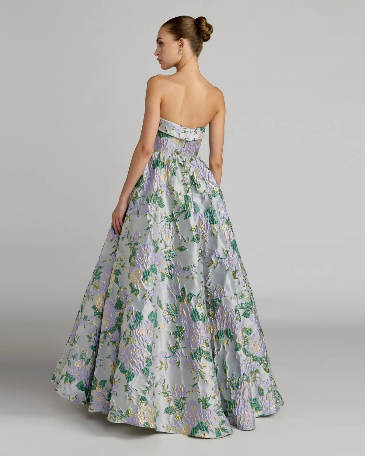 Mac Duggal Blue Multicolor Strapless Floral Brocade Ball Gown
