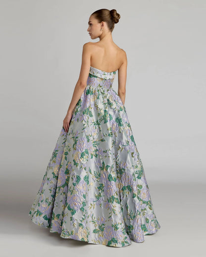 Mac Duggal Blue Multicolor Strapless Floral Brocade Ball Gown
