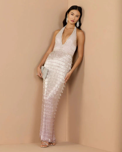 Mac Duggal Purple and Silver Halter Neck Embellished Fringe Gown
