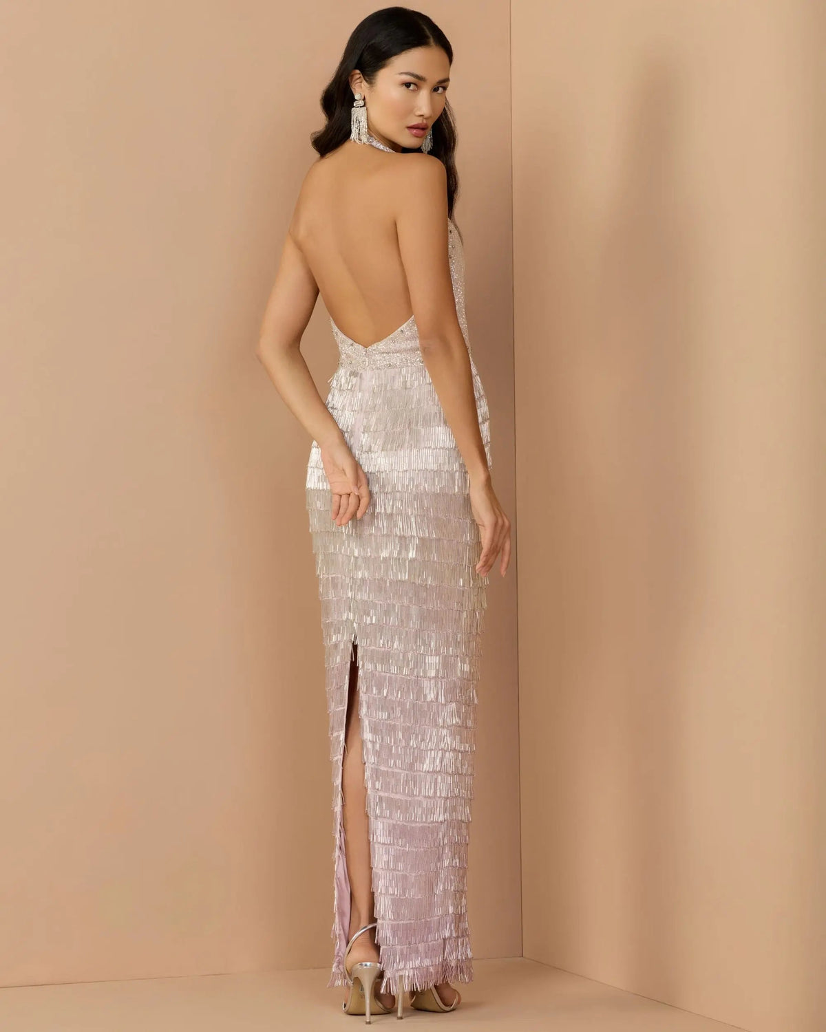Mac Duggal Purple and Silver Halter Neck Embellished Fringe Gown