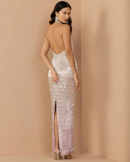 Mac Duggal Purple and Silver Halter Neck Embellished Fringe Gown