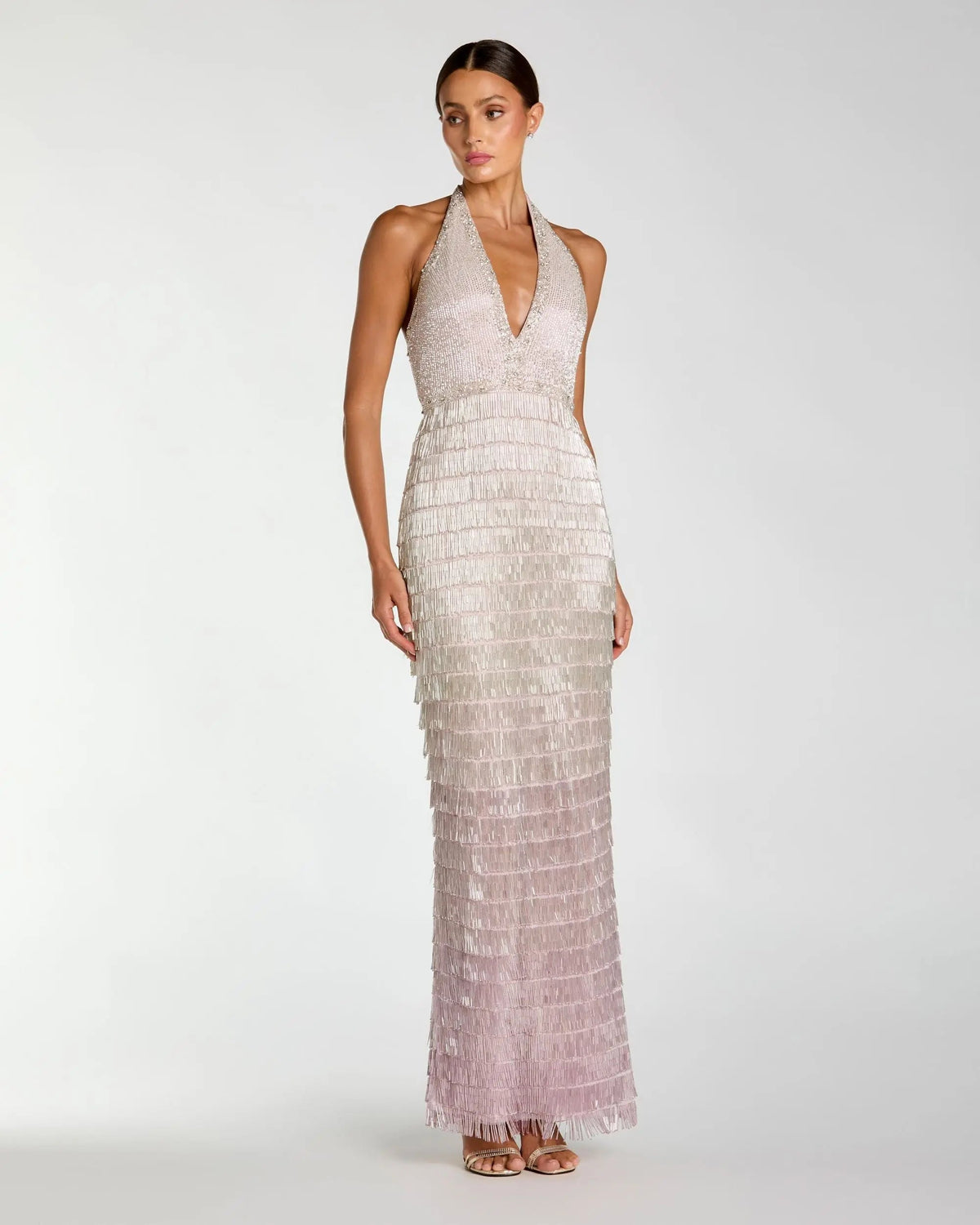 Mac Duggal Purple and Silver Halter Neck Embellished Fringe Gown