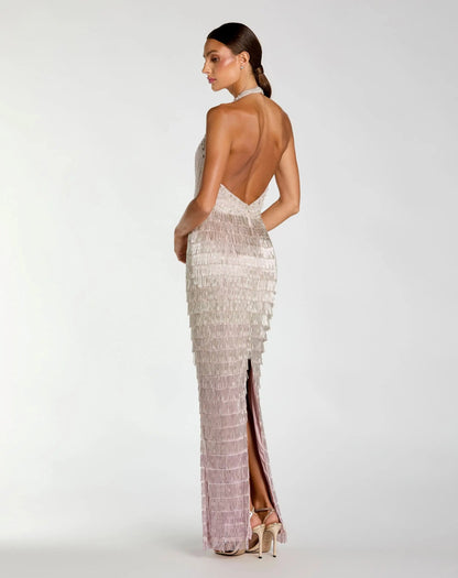 Mac Duggal Purple and Silver Halter Neck Embellished Fringe Gown