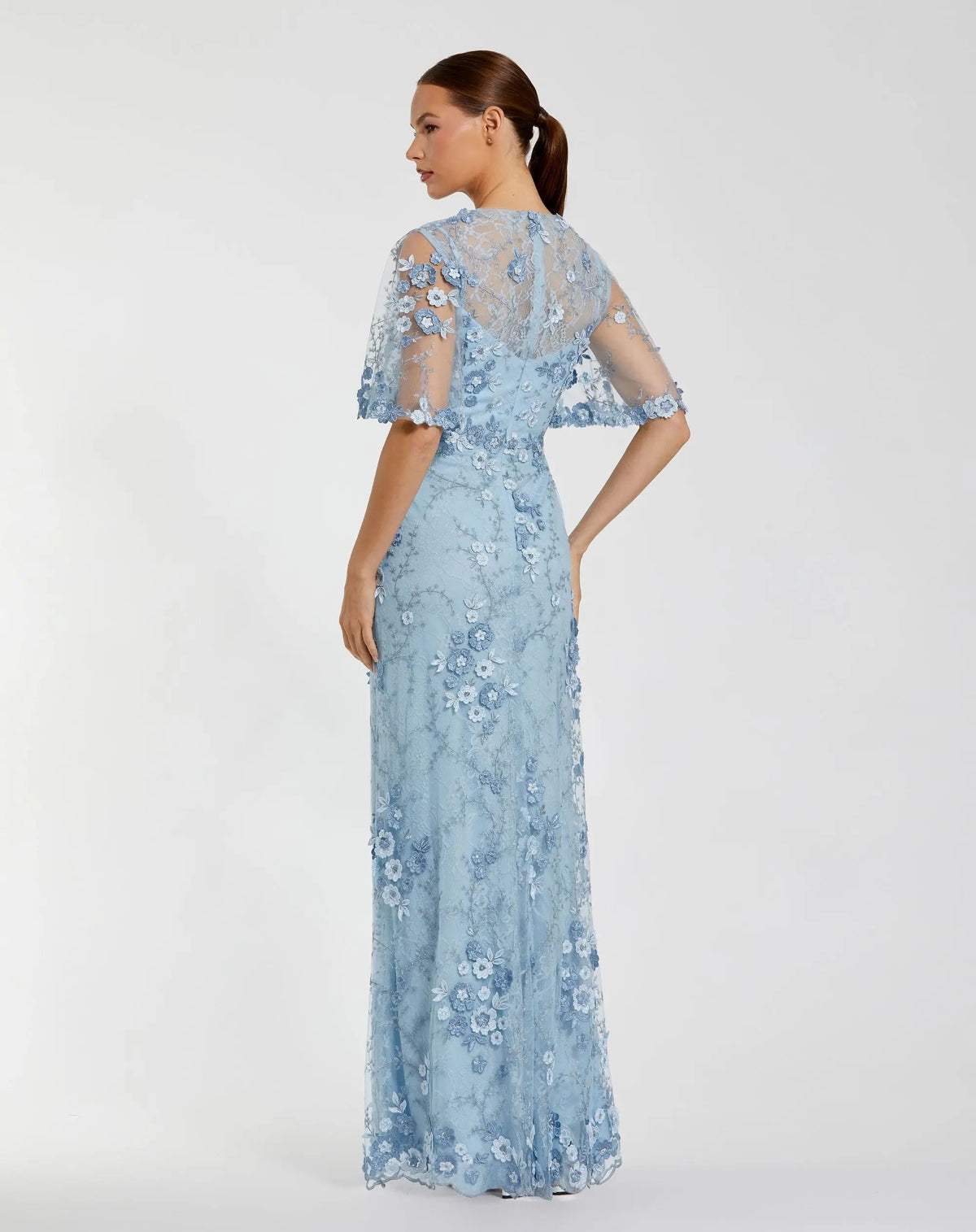 Mac Duggal Petite Blue Flutter Sleeve Floral Embroidered Net Gown