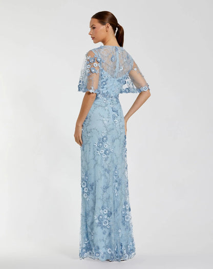Mac Duggal Petite Blue Flutter Sleeve Floral Embroidered Net Gown