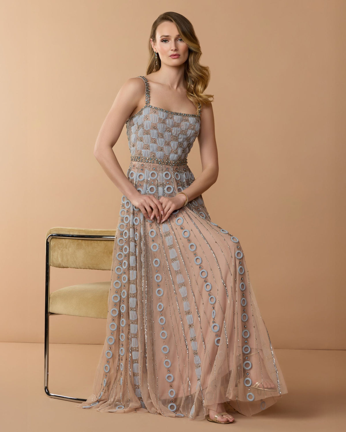 Mac Duggal Petite Light Blue Sleeveless Embellished A-line Gown