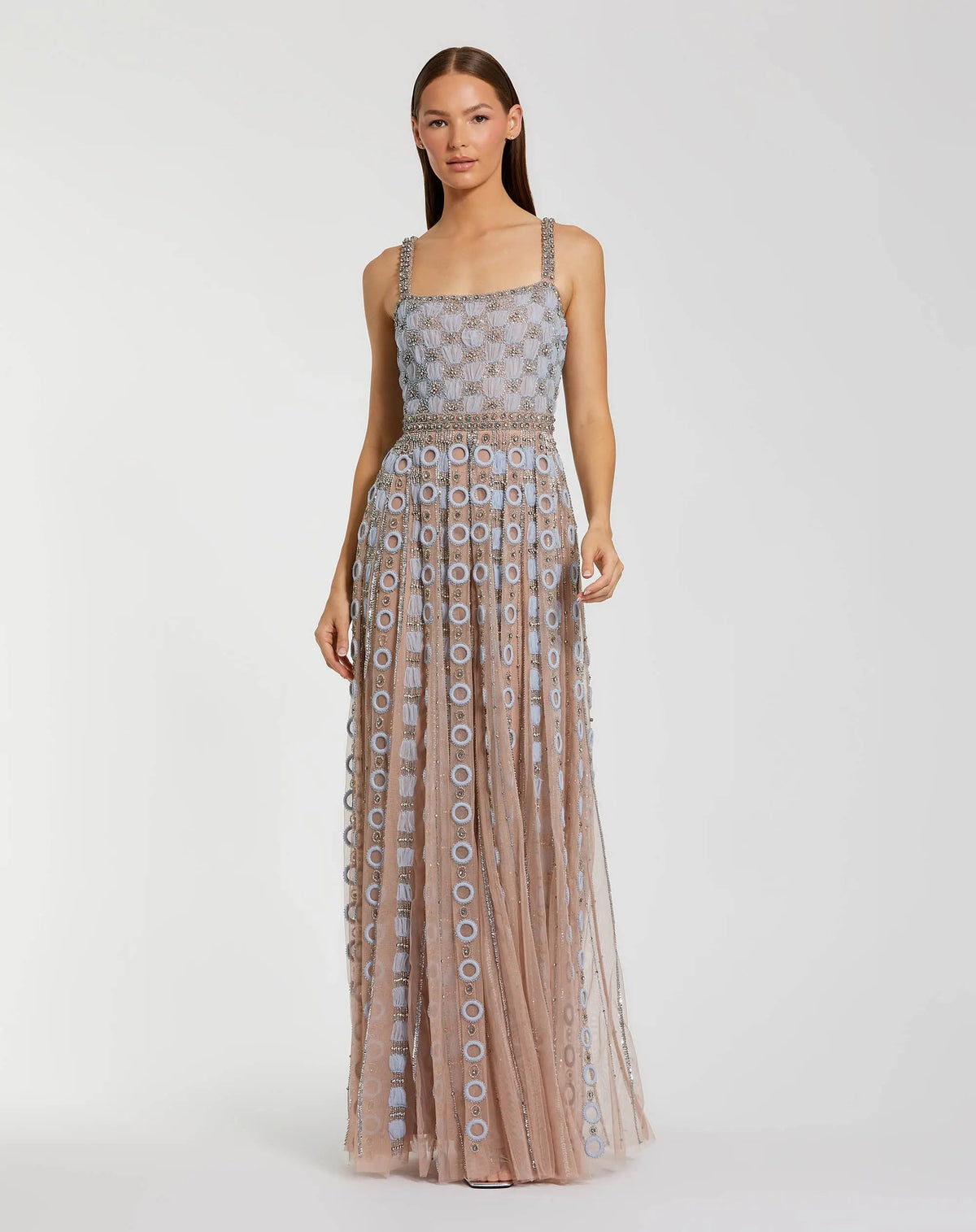 Mac Duggal Petite Light Blue Sleeveless Embellished A-line Gown