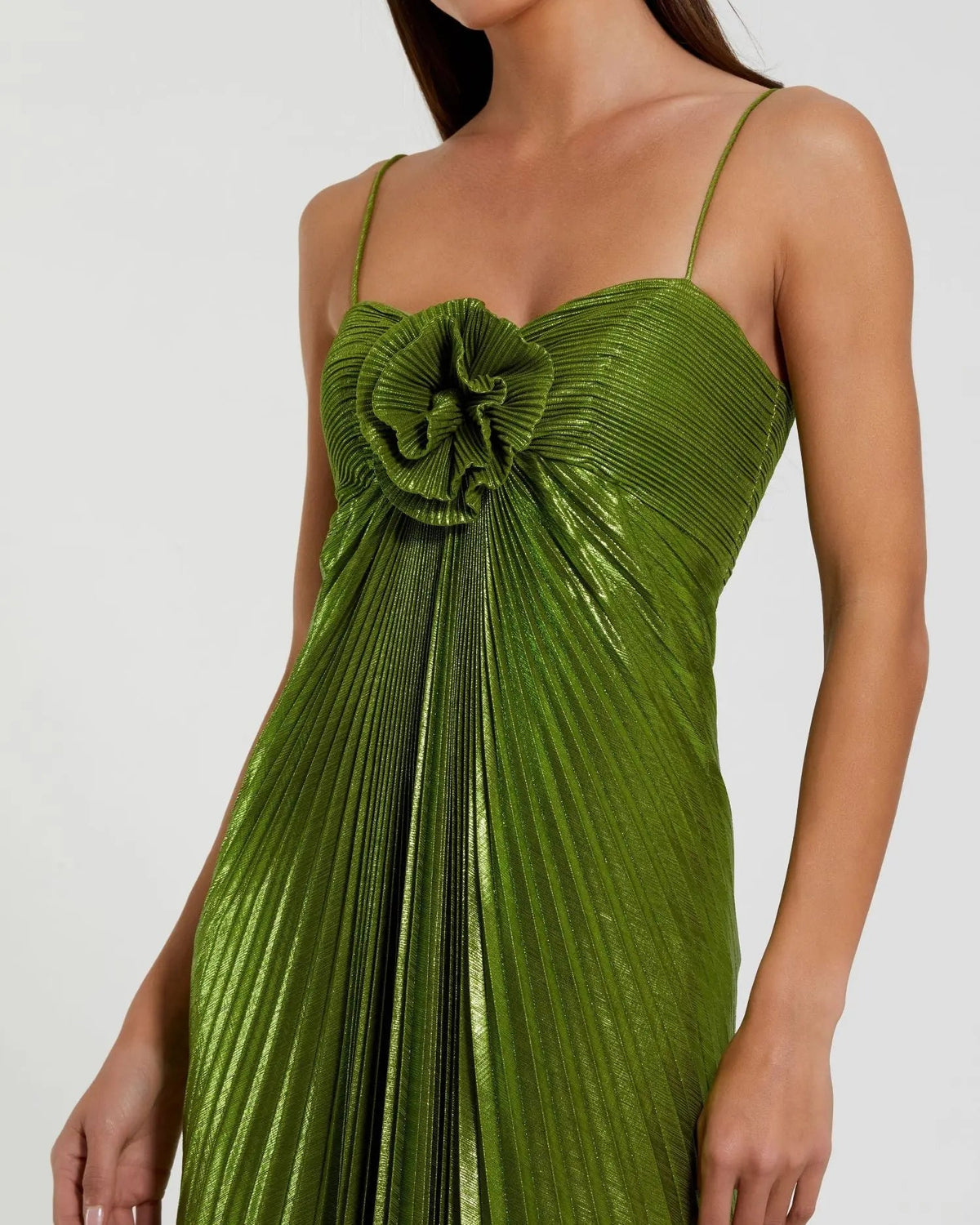 Mac Duggal Green Metallic Pleated Gown With 3D Flower