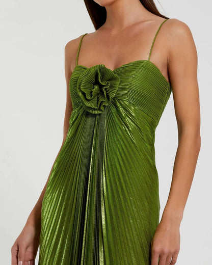 Mac Duggal Green Metallic Pleated Gown With 3D Flower