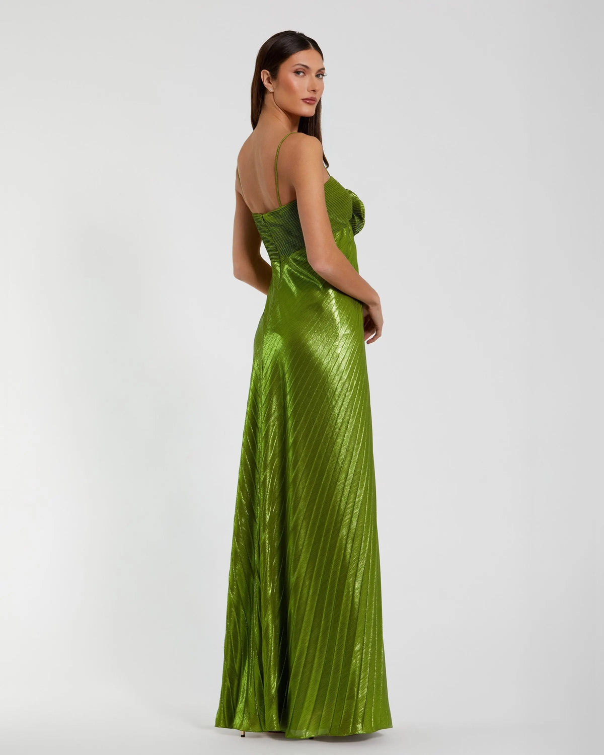 Mac Duggal Green Metallic Pleated Gown With 3D Flower