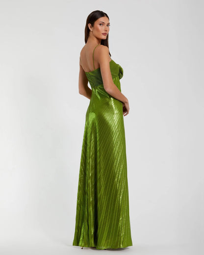 Mac Duggal Green Metallic Pleated Gown With 3D Flower