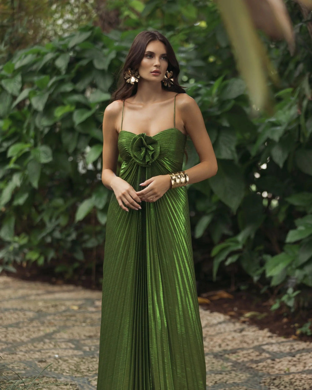 Mac Duggal Green Metallic Pleated Gown With 3D Flower